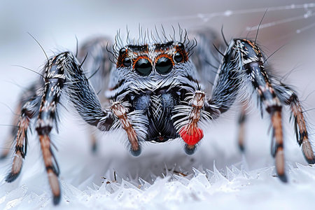 Close up of a jumping spider with big eyes on white background.の写真素材