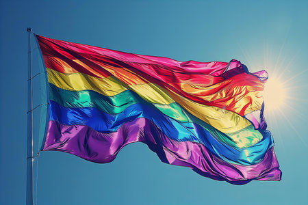 Rainbow flag waving in the wind against blue sky with sun rays