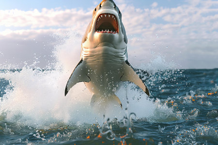 Great White Shark jumps out of the water. 3D Renderingの写真素材