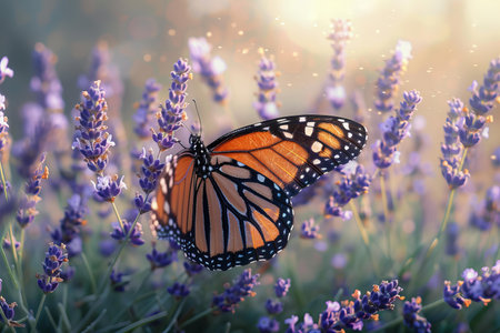 Monarch butterfly on lavender flowers, nature background, vintage toneの写真素材
