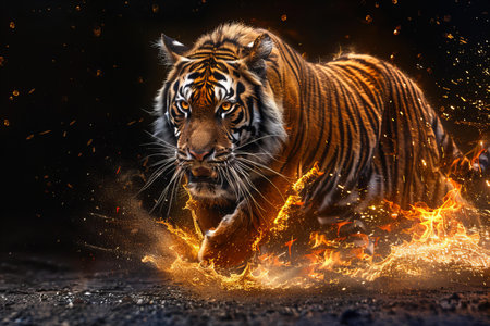 Siberian Tiger in the fire. This is a 3d render illustrationの写真素材
