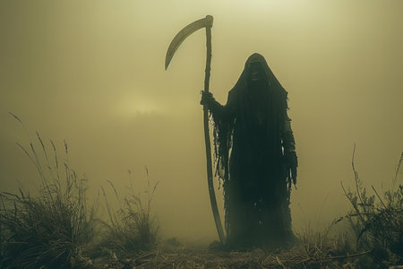 Scary death with scythe in the fog. Halloween concept.の写真素材