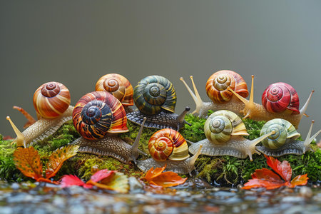 Snails crawling on moss with autumn leaves in the rain forest.の写真素材