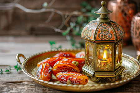 Arabic lantern and dates on a wooden background. Ramadan Kareem.