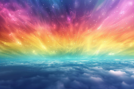 Fantasy rainbow sky background with clouds and stars. Vector illustration.