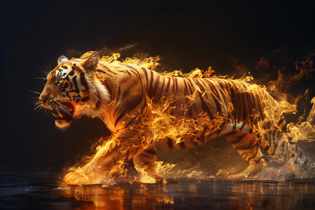 Beautiful tiger with fire flames on black background. Mixed media.の写真素材