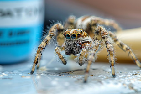 Close up of a jumping spider with a bottle of medicine in the backgroundの写真素材