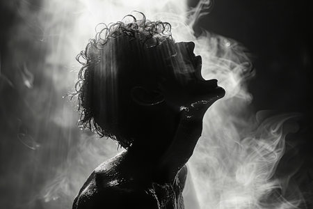 Black and white portrait of a girl in smoke on a black backgroundの写真素材