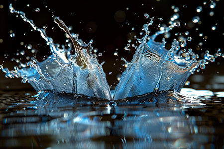 Water splashes on black background. Splash effect after collision a falling drops with water Surface