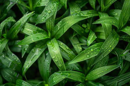 Green leaves with water droplets after the rain. Natural background.の写真素材