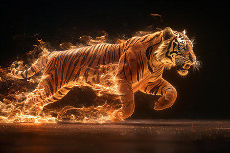 Beautiful tiger with fire on a black background. Toned.の写真素材