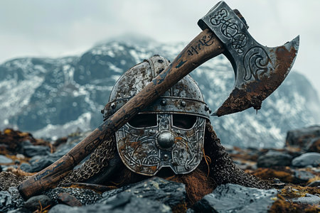 Viking helmet with two axes on the rocks in the mountains.の写真素材
