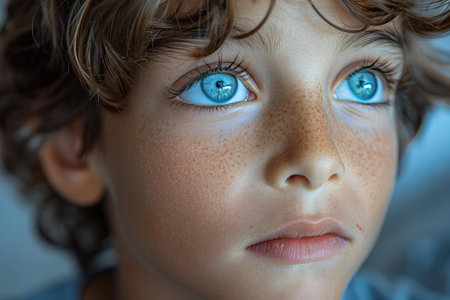Close up portrait of a little boy with blue eyes looking at cameraの写真素材