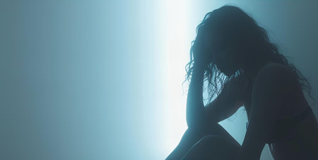 sad woman sitting in the shadow of the sun on a blue backgroundの写真素材