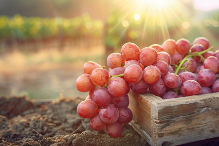 Ripe grapes in a wooden box on a vineyard background.の写真素材