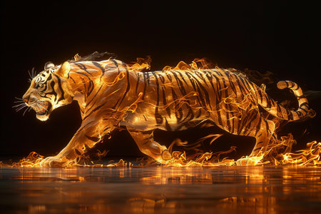 Tiger with fire on a black background, closeup of photoの写真素材