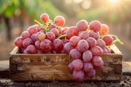 Ripe grapes in a wooden box on a background of vineyardsの写真素材