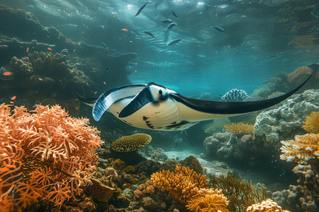 Manta ray on a coral reef in the Red Sea, Egypt