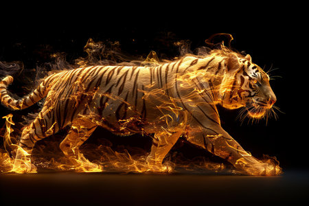 Tiger with fire flames on black background.の写真素材