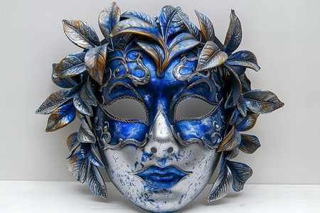 Venetian carnival mask with blue feathers on white background.の写真素材