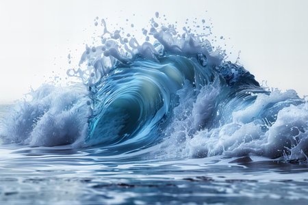 Blue wave splash on water surface. 3d render illustration with copy spaceの写真素材