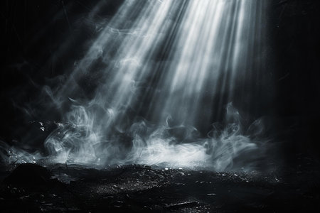 abstract dark scene with smoke and rays of light on a black backgroundの写真素材