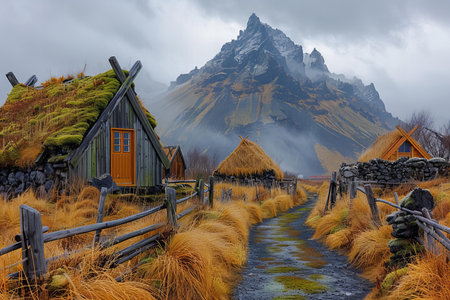 Foggy mountain landscape with wooden huts and wooden fence.の写真素材