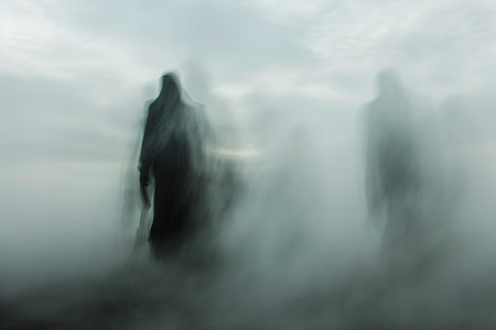 Long exposure of a foggy landscape with silhouettes of mountains and treesの素材