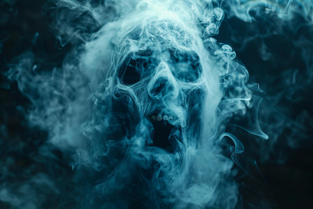 Smoke from the incense sticks in the form of a skullの素材