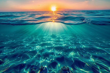 Beautiful seascape with sun rays on water surface. Composition of nature.の写真素材