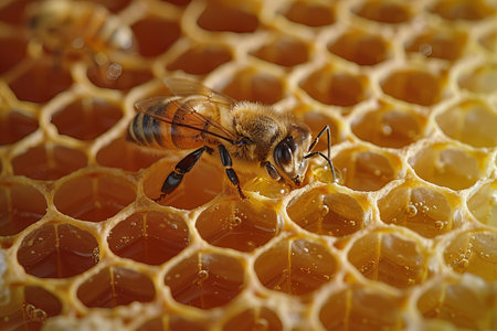 Honey bee on honeycomb in apiary, close up view of the working bee on honeycomb