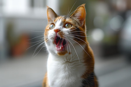 Cute cat yawning on blurred background, closeup. Space for textの写真素材