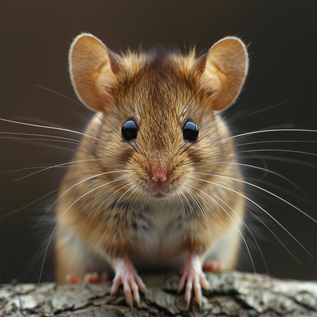 portrait of a brown mouse on a tree branch with a dark backgroundの写真素材