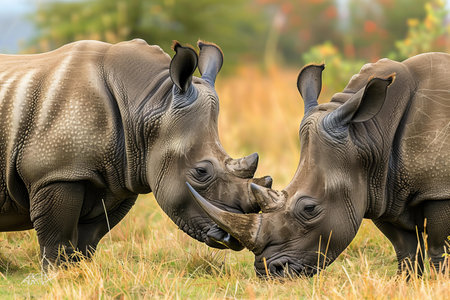 African white rhinoceros (Ceratotherium simum) with babyの写真素材