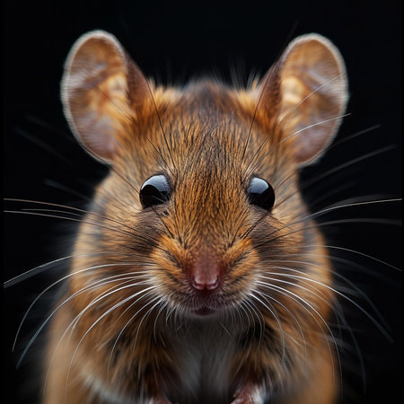 close-up portrait of a brown mouse on a black background studioの写真素材