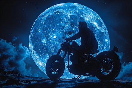 Silhouette of a man on a motorcycle against the background of the moonの写真素材