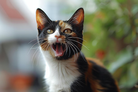 Tricolor cat with open mouth yawning and looking up.の写真素材