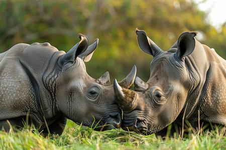 Black rhinoceros (Ceratotherium simum) and calfの写真素材