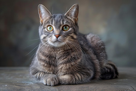 Beautiful tabby cat with green eyes on a gray background.