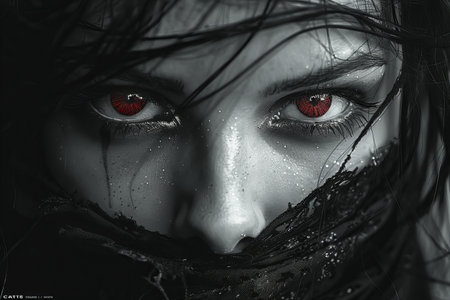 Close up portrait of a beautiful girl with red eyes. Halloween theme.の写真素材
