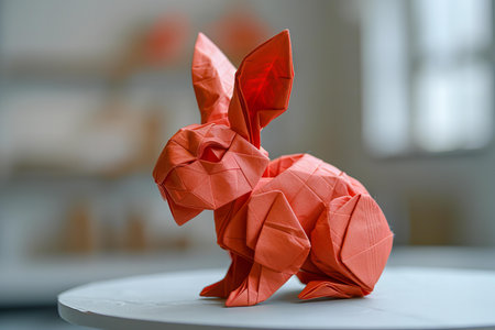 Red origami rabbit on white background, easter concept, close upの写真素材