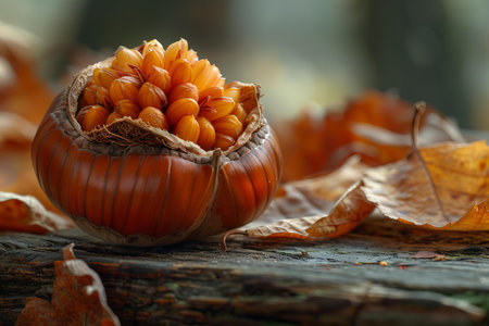 Autumn still life with pumpkins and dry leaves on wooden backgroundの写真素材