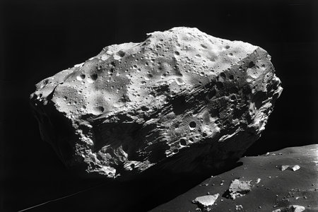 Huge stone on a black background. Black and white photo.