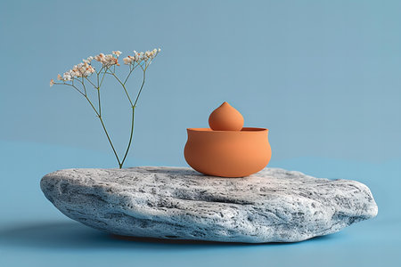 3d render of clay pot on a white stone podium with flowersの写真素材