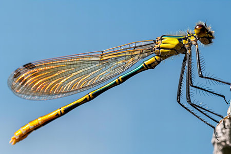 Close up of a damselfly against a blue sky background.の写真素材