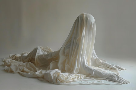 wedding dress on the floor in the studio on a white backgroundの写真素材