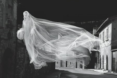 Wedding dress fluttering in the wind. Black and white photo.の写真素材