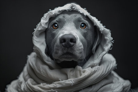 Studio portrait of a weimaraner dog wearing a white scarfの写真素材