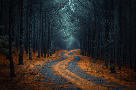 Dirt road in a dark forest with a path through the treesの写真素材