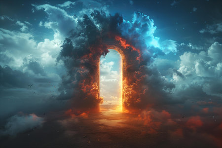 Mystical door in the clouds. 3d render illustration.の写真素材